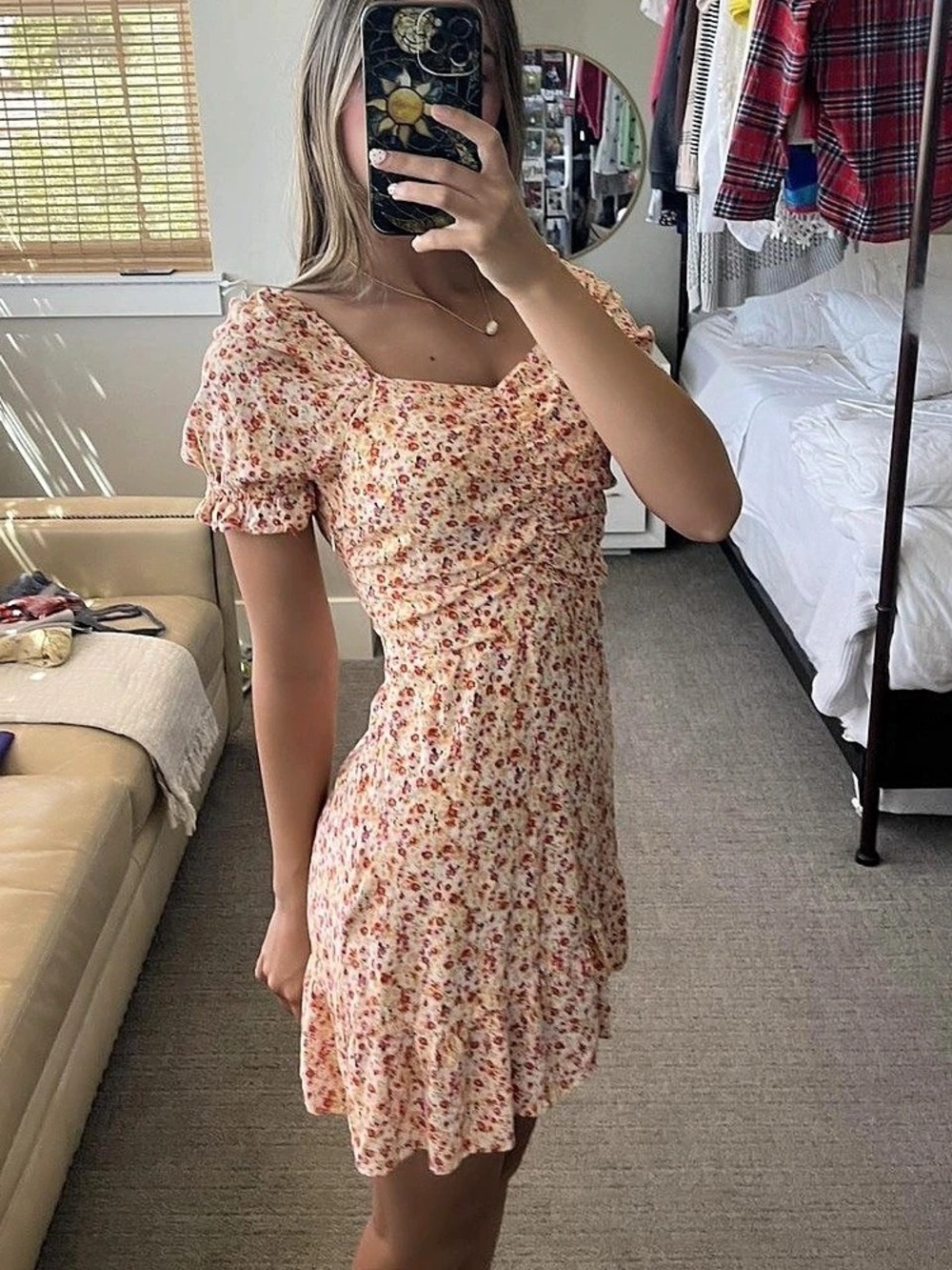 Floral Puff Sleeve Mini Dress in Pink & White